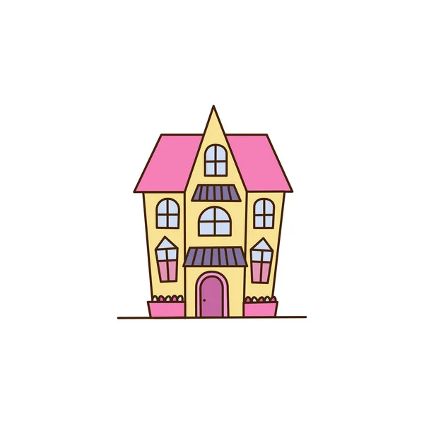 Kartun Vektor Merah Muda Terang Dan Rumah Kuning Bangunan Yang - Stok Vektor