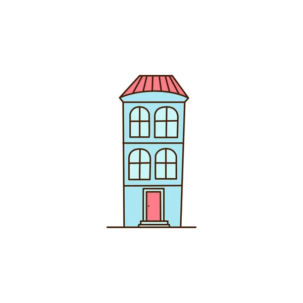 街道景观图标 蓝色两层房子 有深红色屋顶 现代建筑 私人财产和房地产 用于网站的图形元素 卡通平面矢量插图 — 图库矢量图片