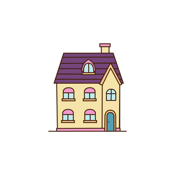 黄色の家は白い背景に隔離されてる 明るくスタイリッシュで美しい建築 紫色の屋根 異なるプロジェクトのためのデザイン要素 ベクターイラスト 漫画のオブジェクト — ストックベクタ