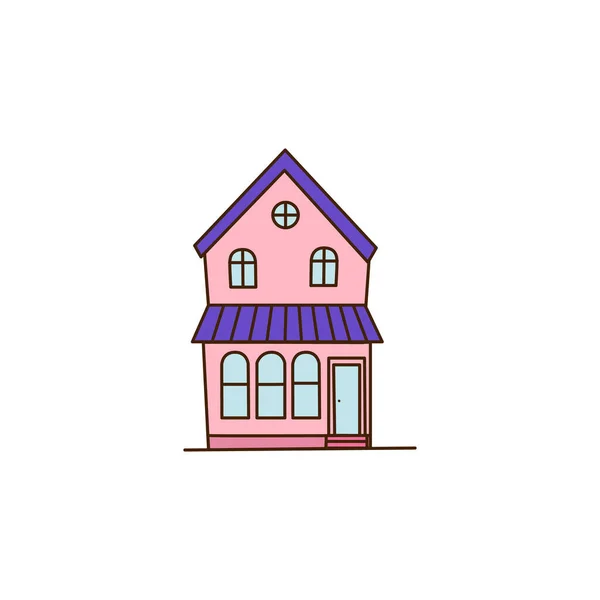 Desenhos Animados Vetoriais Rosa Brilhante Casa Roxa Edifício Bonito Ilustração — Vetor de Stock
