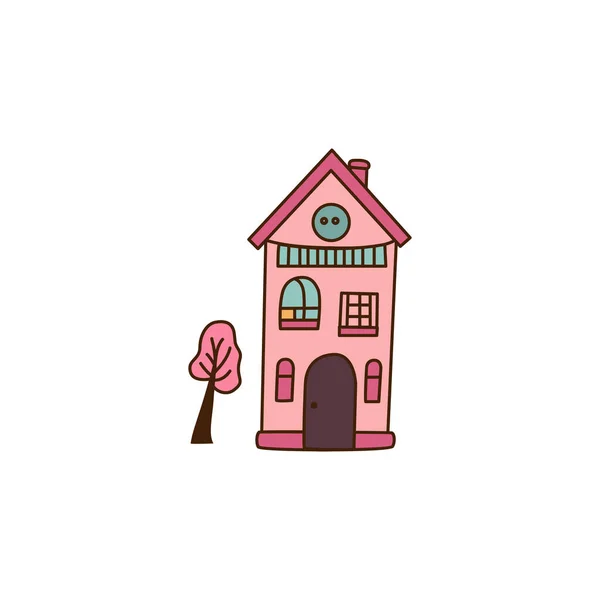 ニューヨークスタイルの冬の休日リースとかわいい漫画ピンクの家のイラスト ベクトルフラットビル — ストックベクタ