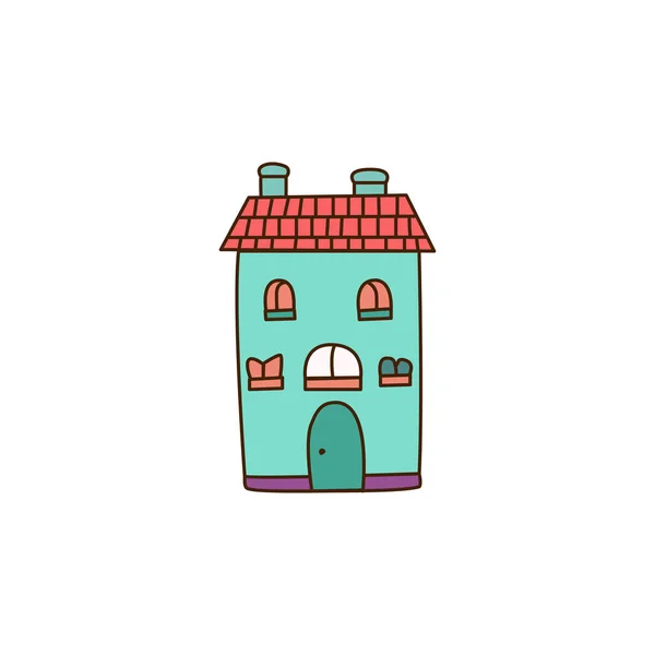 蓝色房子 白色空白符号矢量插图 带有红色屋顶和门的石楼的卡通画 供销售或出售 房地产 住房概念 — 图库矢量图片