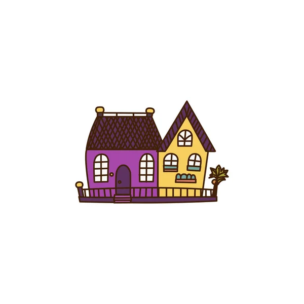 白を基調とした黄色と紫の家 明るくスタイリッシュで美しい建築 隣接する2軒 異なるプロジェクトのためのデザイン要素 ベクトルイラスト 3Dイラスト — ストックベクタ