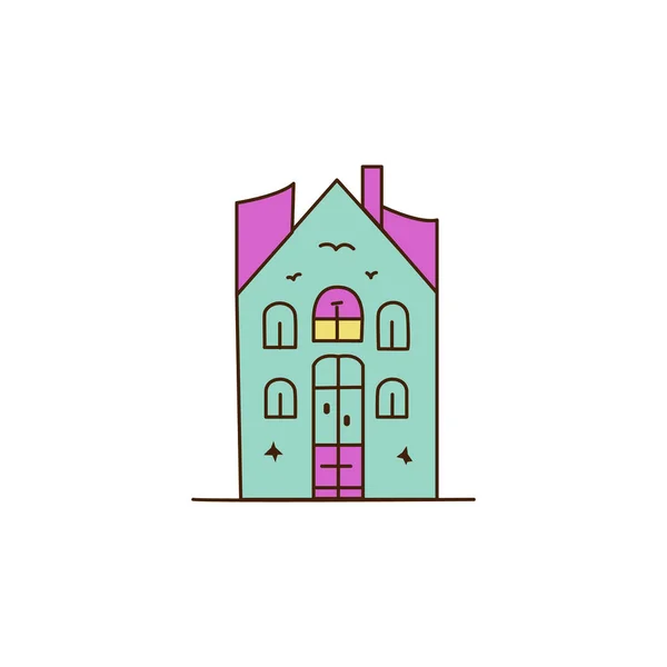 白いブランクの看板ベクトルイラストのブルーハウス ピンクの屋根と販売や販売のためのドアと石造りの建物の漫画のイラスト 不動産 住宅ローン 住宅コンセプト 3Dイラスト — ストックベクタ