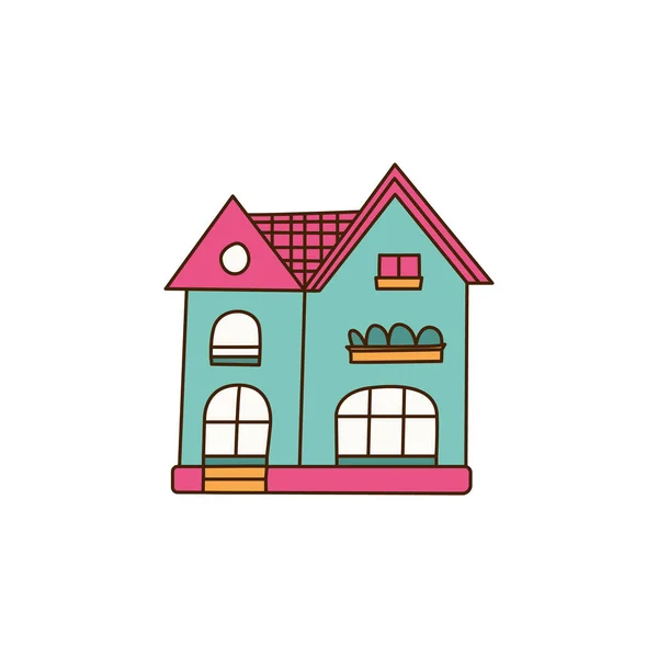 蓝色的分离 单一的家庭房子与花园 卡通素描矢量图解 标记风格着色 — 图库矢量图片