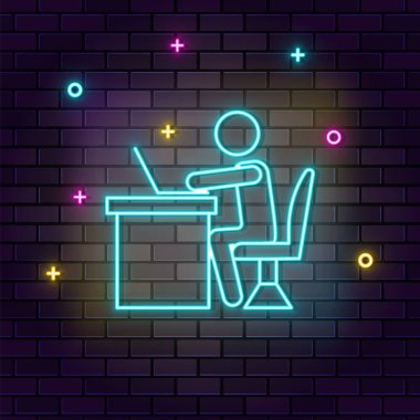 Masa, ofis, ofis çalışanı, siyah tuğla duvarda çok renkli neon simge.