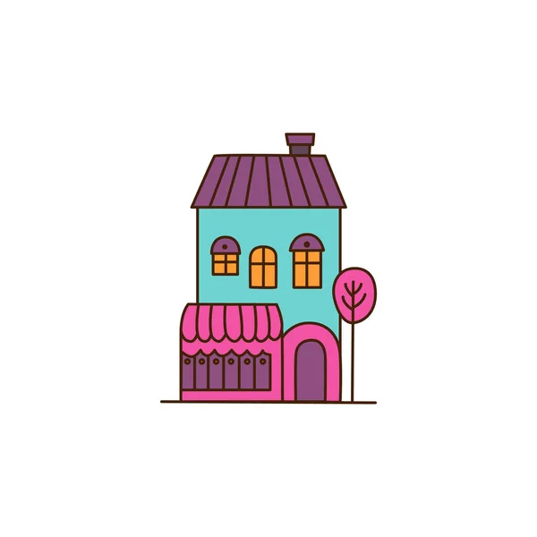 白いブランクの看板ベクトルイラストのブルーハウス ピンクの屋根と販売や販売のためのドアと石造りの建物の漫画のイラスト 不動産 住宅ローン 住宅コンセプト — ストックベクタ