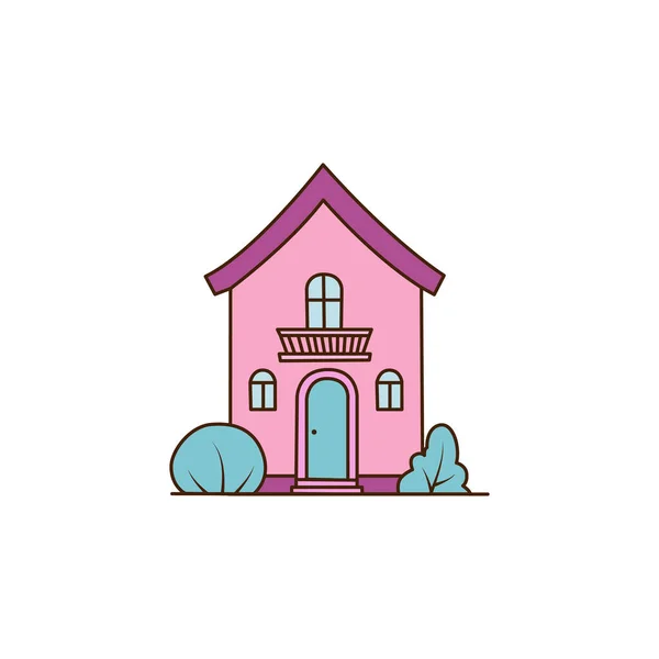 かわいいピンクの家 夏の村や町のベクトルイラストの家のアパート 赤い屋根とドア 白い上に隔離された窓付きの家の建物のコテージの漫画面白い小さなファサード — ストックベクタ