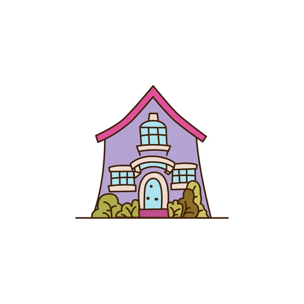 Kleines Lila Dorfhaus Vektor Illustration Von Niedlichen Gebäude Außen Cartoon — Stockvektor