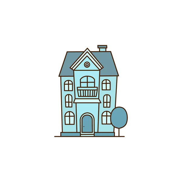 Maison Deux Étages Bleu Clair Style Dessin Animé Plat Isolé — Image vectorielle