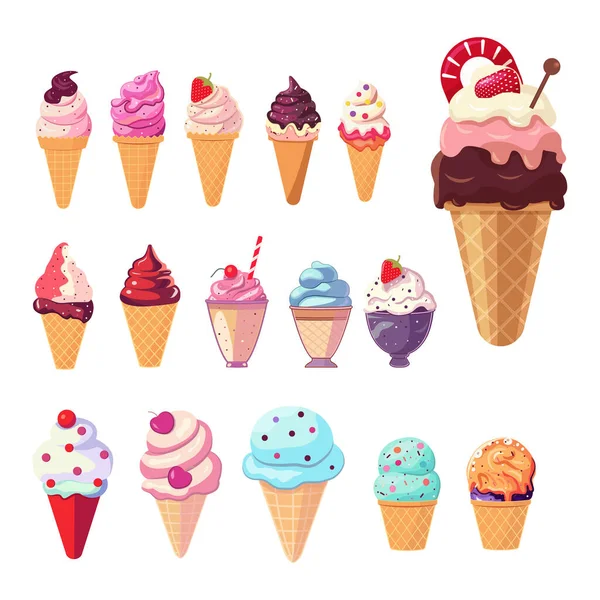 Νόστιμο Πολύχρωμο Παγωτό Συλλογή Χωνάκια Παγωτό Και Γρανίτα Διαφορετική Συμπλήρωση — Διανυσματικό Αρχείο