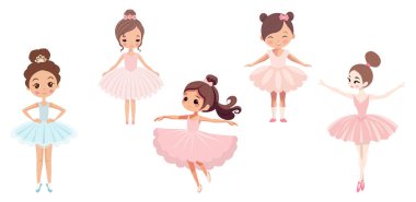 Çizgi film balerin prensesleri, tatlı kız dansçı karakterleri. Tutu elbiseli kız. Dans sınıfındaki bale öğrencileri vektör kümesi oluşturuyor. Farklı pozlarda güzel kostümlü çocuklar..