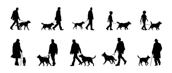 Silhouette Von Menschen Mit Hund Auf Weißem Hintergrund — Stockfoto