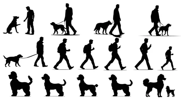 Set Hund Und Mensch Silhouette Schwarzes Flaches Symbol Isoliert Auf — Stockfoto