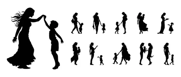 Happy Mothers Day Silhouette Mother Child Playing Walking Feeding Illustration — Stock Photo, Image