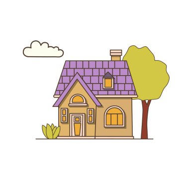 Mor çatı ikonu olan vektör karikatür asimetrik ev. Ev ikonunun yanında çimleri ve çalıları olan bir vektör evi..