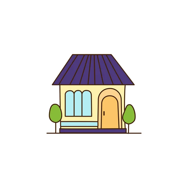 有紫色屋顶图标的矢量卡通屋 两根苗偷走了房子的图标 — 图库矢量图片