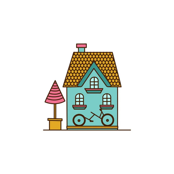 Vektorhaus Mit Gelbem Dach Fahrrad Und Brunnensymbol Blaues Haus Mit — Stockvektor
