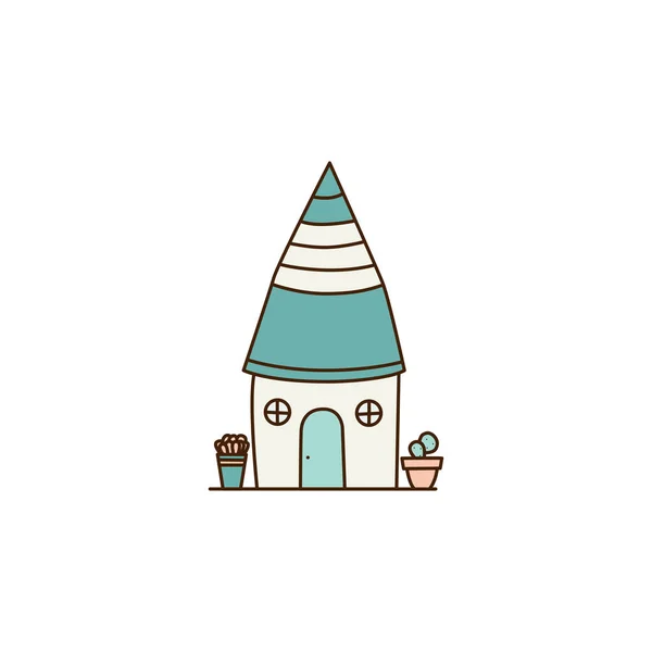 青い屋根のアイコンとベクトルホワイトハウス ベクトル小さなかわいい漫画の家でサボテンのアイコン — ストックベクタ