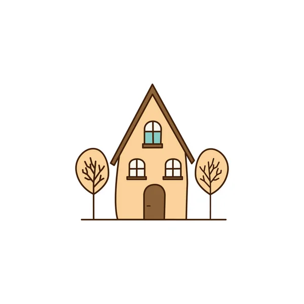 Vector Cartoon House Two Tree Icon Vector House Brown Roof — Stock Vector