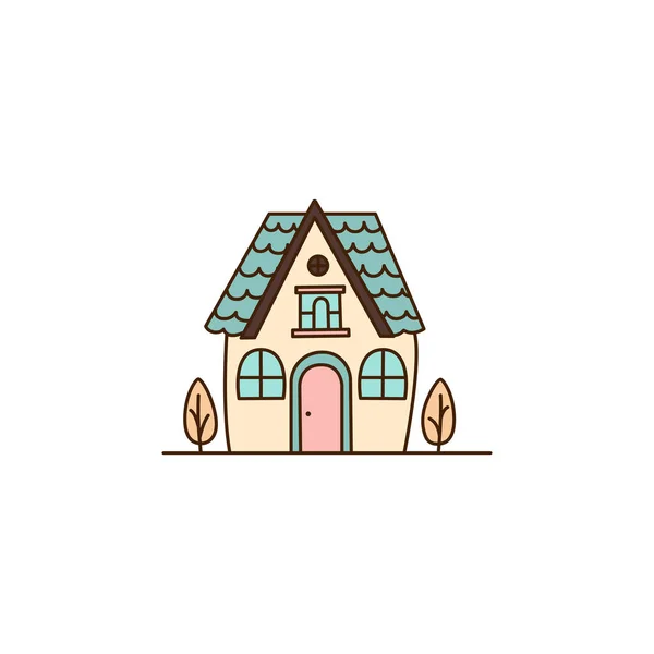 ピンクの屋根のアイコンとベクトル漫画のホワイトハウス ベクトルハウス2つの小さな苗と青い窓のアイコン — ストックベクタ