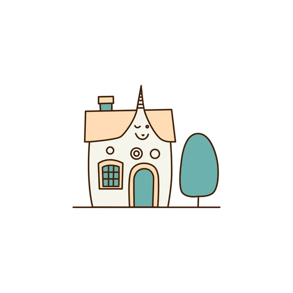 アイコンの周りに青い木のベクトル漫画のホワイトハウス ピンクの屋根と青いアイコンとベクトルかわいい家 — ストックベクタ