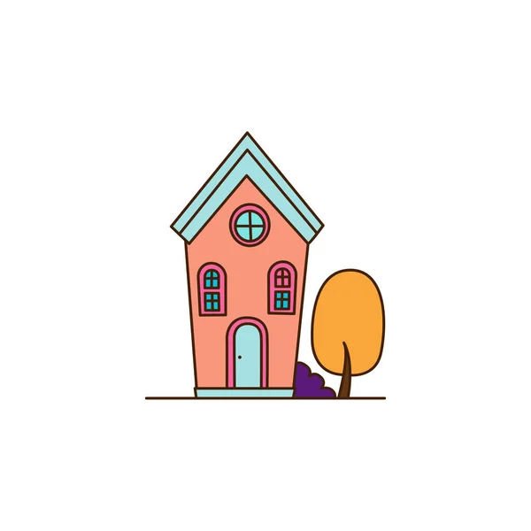 矢量漫画粉红色房子与蓝色屋顶图标 有黄树的病媒屋 秋天的图标 — 图库矢量图片