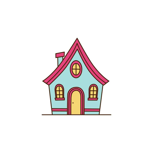 ピンクの屋根のアイコンとベクトルかわいい漫画の家 3つのウィンドウのアイコンを持つベクトルブルーの家 — ストックベクタ