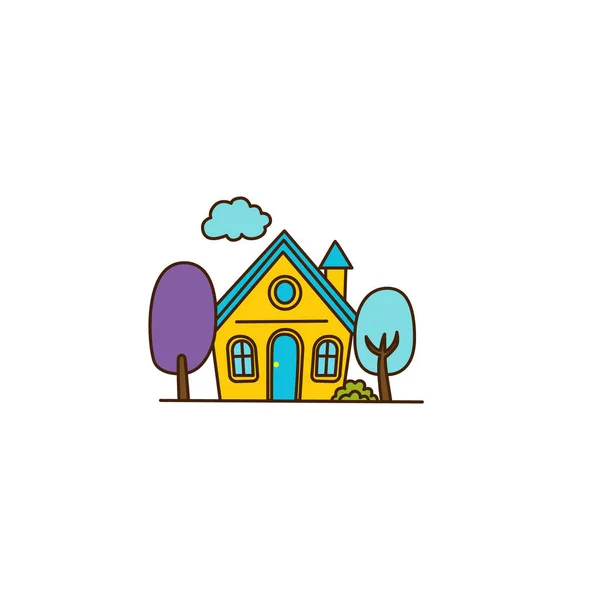 Vector Small Cartoon House Colorful Trees Icon Vector Yellow House — Stock Vector