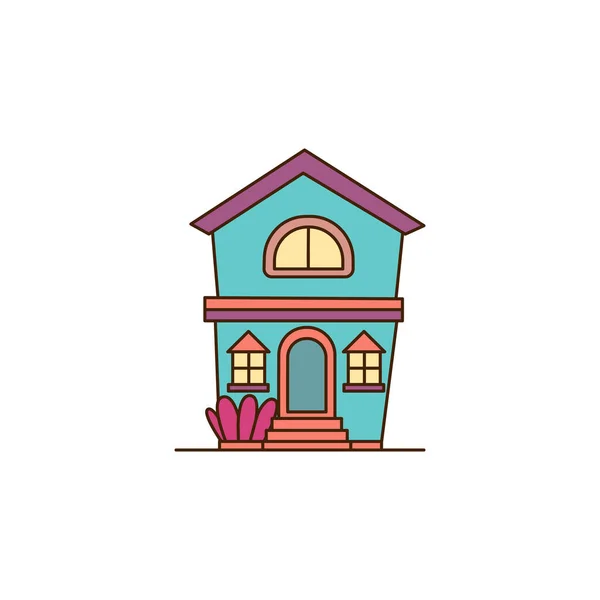 2階建てのアイコンを持つベクトルブルーの家 ピンクの屋根と2つの窓のアイコンベクトル漫画の家 — ストックベクタ