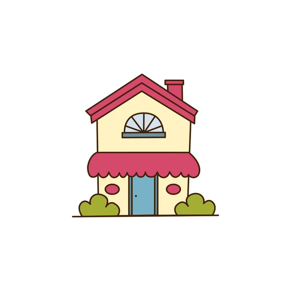 ピンクの屋根のアイコンとベクトル漫画の家 ベクトルかわいい家は庭のアイコンでいくつかの草を獲得 — ストックベクタ