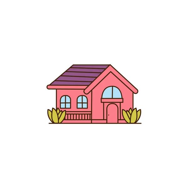 보라색 지붕의 아이콘 전형적 집입니다 덤불로 아이콘으로 장식된 하우스 — 스톡 벡터