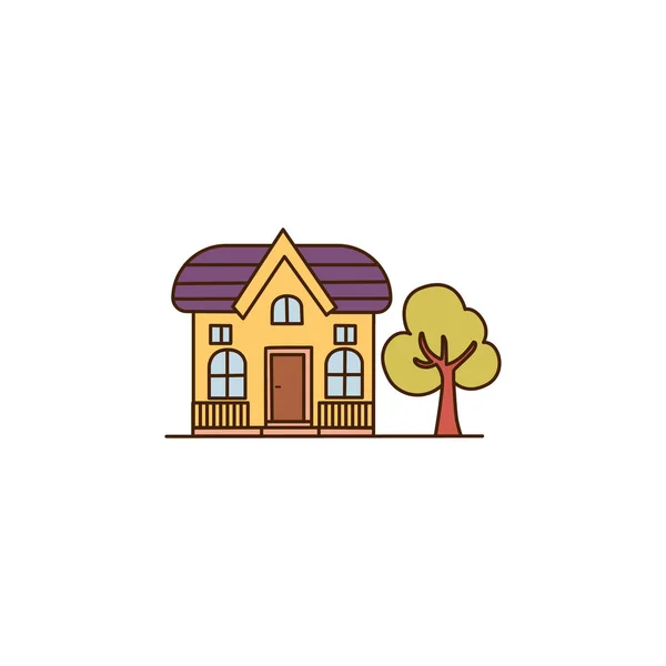 ベクトルかわいい田舎の家の住宅建設外の現実的なアイコン ベクトル漫画黄色の家とともにツリー近くのアイコン — ストックベクタ