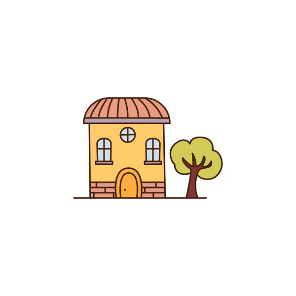 ベクトル漫画黄色の家のアイコン 黄色のドアと近くのアイコンの小さな木のベクトルレンガの家 — ストックベクタ