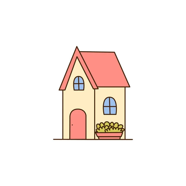 ベクトルかわいい漫画の家 葉や花のアイコンで飾られたコテージ 赤い屋根のアイコンとベクトルシンプルな家 — ストックベクタ
