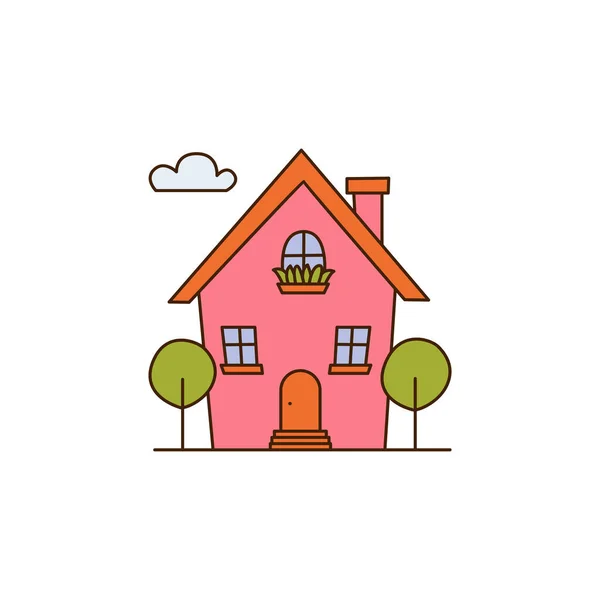 2つの木のアイコンとベクトル漫画ピンクの家 オレンジ色の屋根のアイコンとベクトルの美しい家 — ストックベクタ