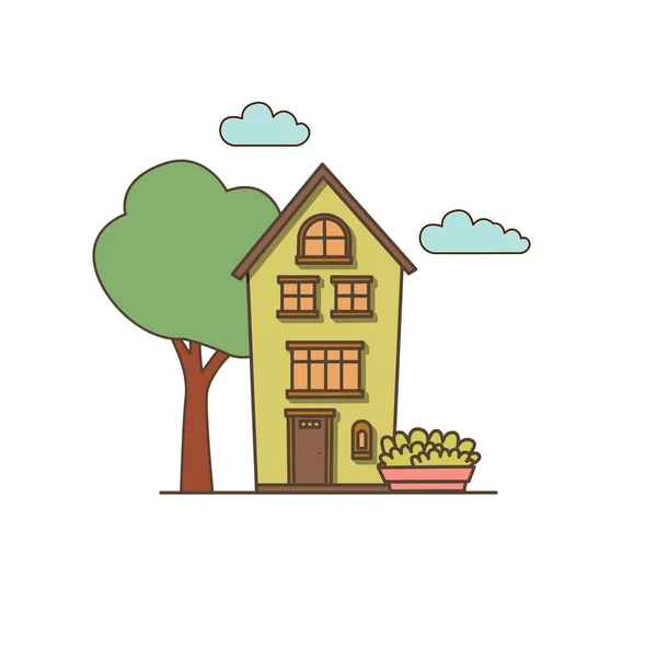 メールボックスのアイコンを持つベクターグリーンハウス 隣に大きな緑の木のベクトルハウスと茶色のドアのアイコン — ストックベクタ