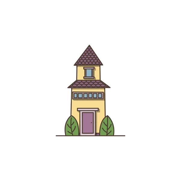 有两个灌木图标的矢量奇怪的高房子 带有紫色门图标的矢量黄色房子 — 图库矢量图片