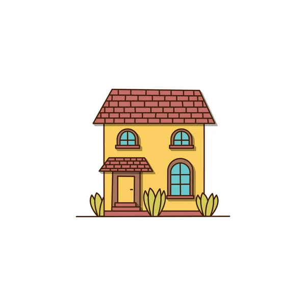 3つの茂みのアイコンを持つベクトル小さな黄色の家 赤い屋根とレンガのアイコンのベクトルハウス — ストックベクタ