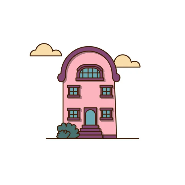 珍しい形のアイコンを持つベクトルピンクの家 空のアイコンに5つの窓と雲のベクトルハウス — ストックベクタ