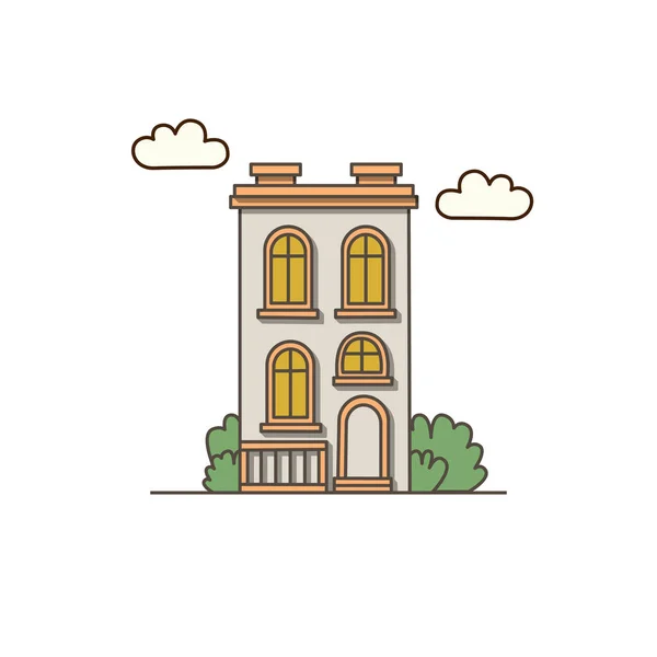 Векторний Будинок Парканом Двома Іконками Димоходу Вектор Сірий Будинок Хмарами — стоковий вектор