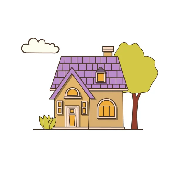 紫色の屋根のアイコンとベクトル漫画の非対称の家 家のアイコンの近くに芝と茂みのベクトルハウス — ストックベクタ