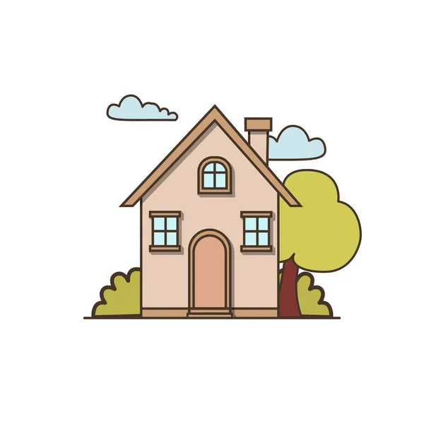 煙突のアイコンを持つベクトル小さな居心地の良い家 3つの窓 木と雲のアイコンを持つベクトルハウス — ストックベクタ