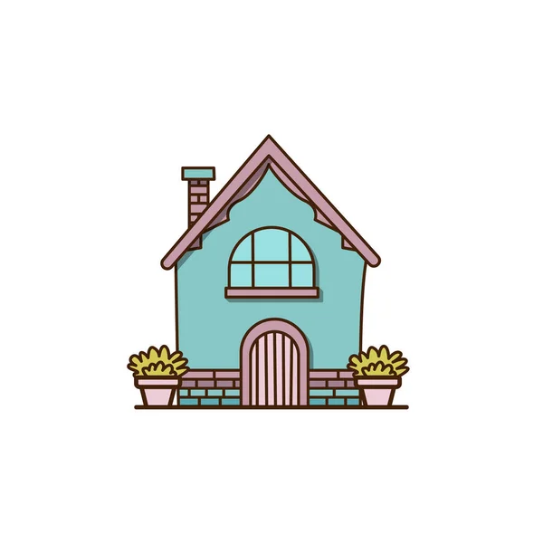 Vecot蓝色小房子用砖头图标建造 旁边有大锅和烟道图标的向量式老房子 — 图库矢量图片