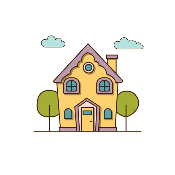 Vektorgelbes Haus Mit Rosafarbenem Dachsymbol Vektorfrontansicht Eines Grünen Vorortwohnhauses Mit — Stockvektor