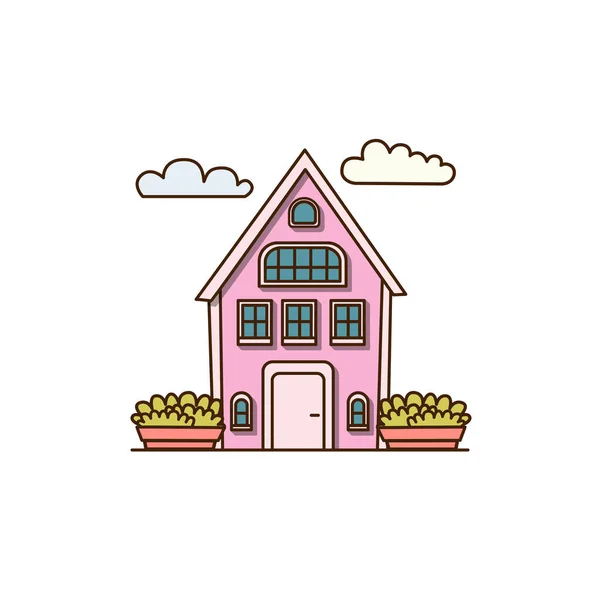 Vector Roze Huis Met Een Moestuin Een Wit Dakpictogram Vector — Stockvector