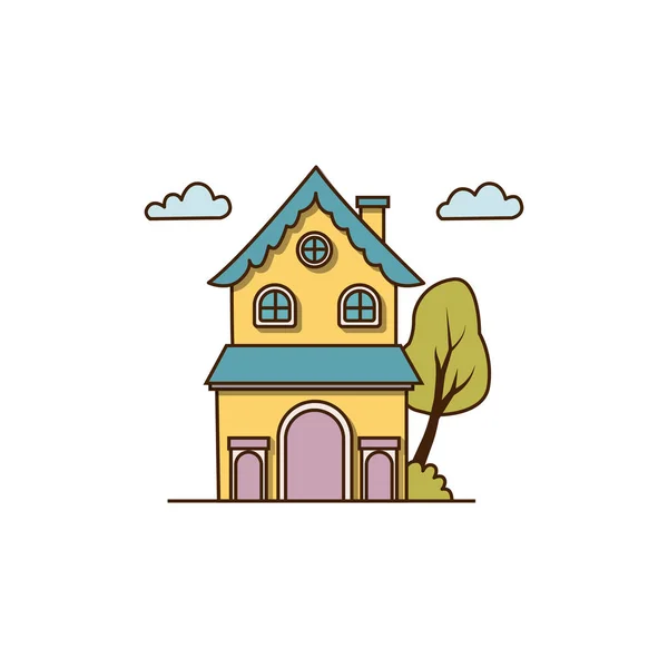 屋根裏部屋のアイコンとベクトル大きな黄色の家 緑の木と煙突のアイコンとベクトルハウス — ストックベクタ