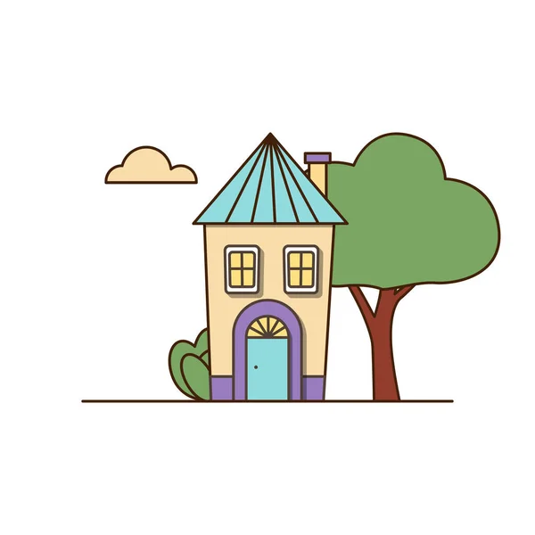 円錐形の屋根のアイコンを持つベクトルハウス 木と雲のアイコンとベクトル黄色の家 — ストックベクタ