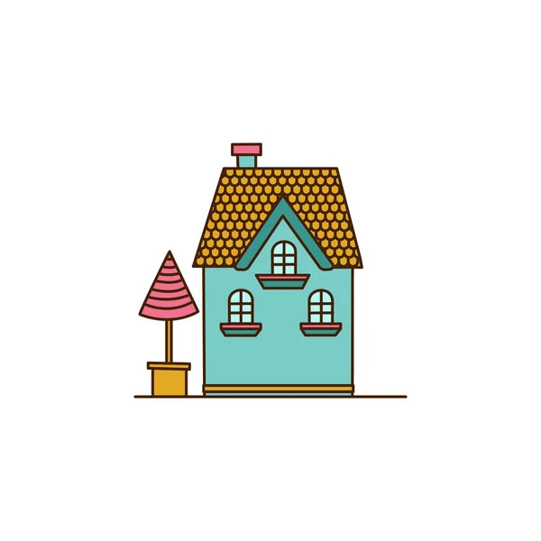 黄色の屋根と3つの窓のアイコンとベクトルブルーの家 井戸のアイコンを持つベクトルハウス — ストックベクタ