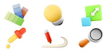 3D pipet, büyüteç, pencere uygulamasını yeniden boyutlandır, renk kumaşı düz, kağıt kalem, ampul simgesi seti. 3d render ui tasarım konsept simgesi seti.